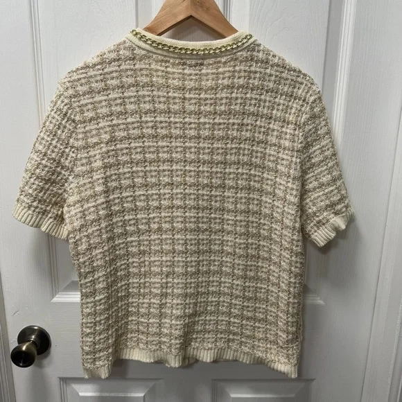 Talbots Ivory Metallic Jacquard Chain Trim Knit Short Sleeve Cardigan, Large - Picture 4 of 9